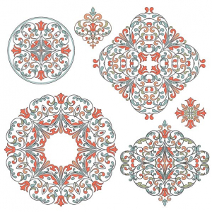 وکتور طرح اسلیمی با شکلهای دایره ای و لوزی و رنگ های خردلی نارنجی سبز